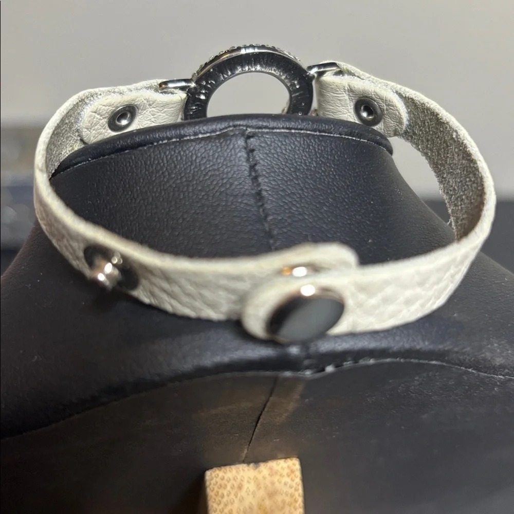 Natasha Couture Cream Leather Bracelet with Silver Crystal Circle